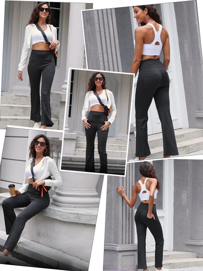 Women's High-Waist Flare Yoga Pants with Pockets - Lightweight Bootcut Activewear in Navy Blue, Size XL