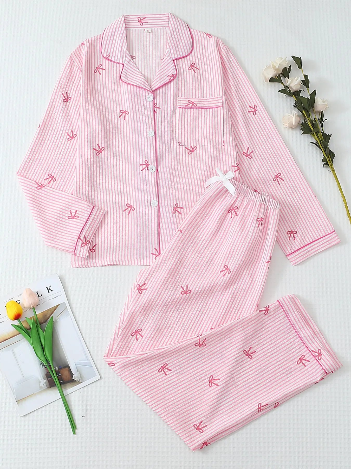 Women'S Striped Bow Print Long Sleeve Woven Pajama Set, Sweet Cute Button Front Top and Pants, Casual Home Wear for All Seasons