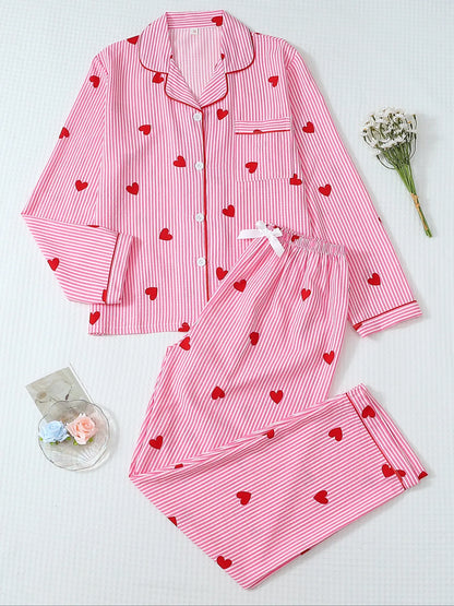 Women'S Striped Bow Print Long Sleeve Woven Pajama Set, Sweet Cute Button Front Top and Pants, Casual Home Wear for All Seasons