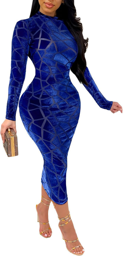 Women's Sheer Mesh Bodycon Midi Dress with Long Sleeves - Elegant Printed Clubwear for Parties