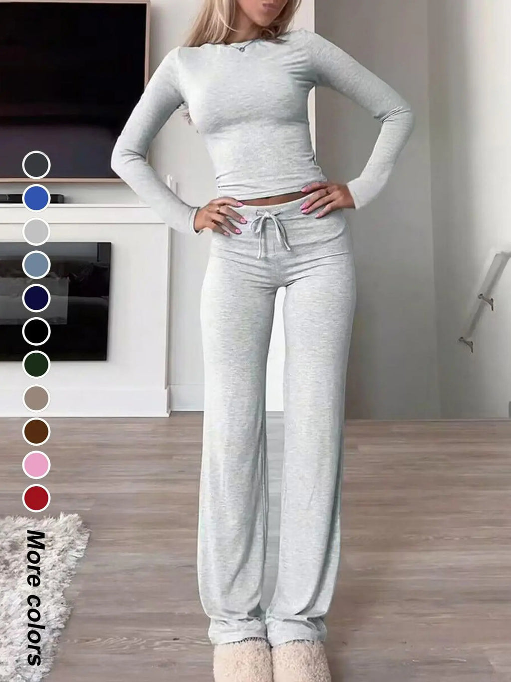 Women'S Solid-Color Long-Sleeve Soft Thick Knit Fabric Crop Tee & High-Waisted Drawstring Pants Two-Piece Set, Casual Slim-Fit Everyday Outfit for Fall and Winter, Womenswear