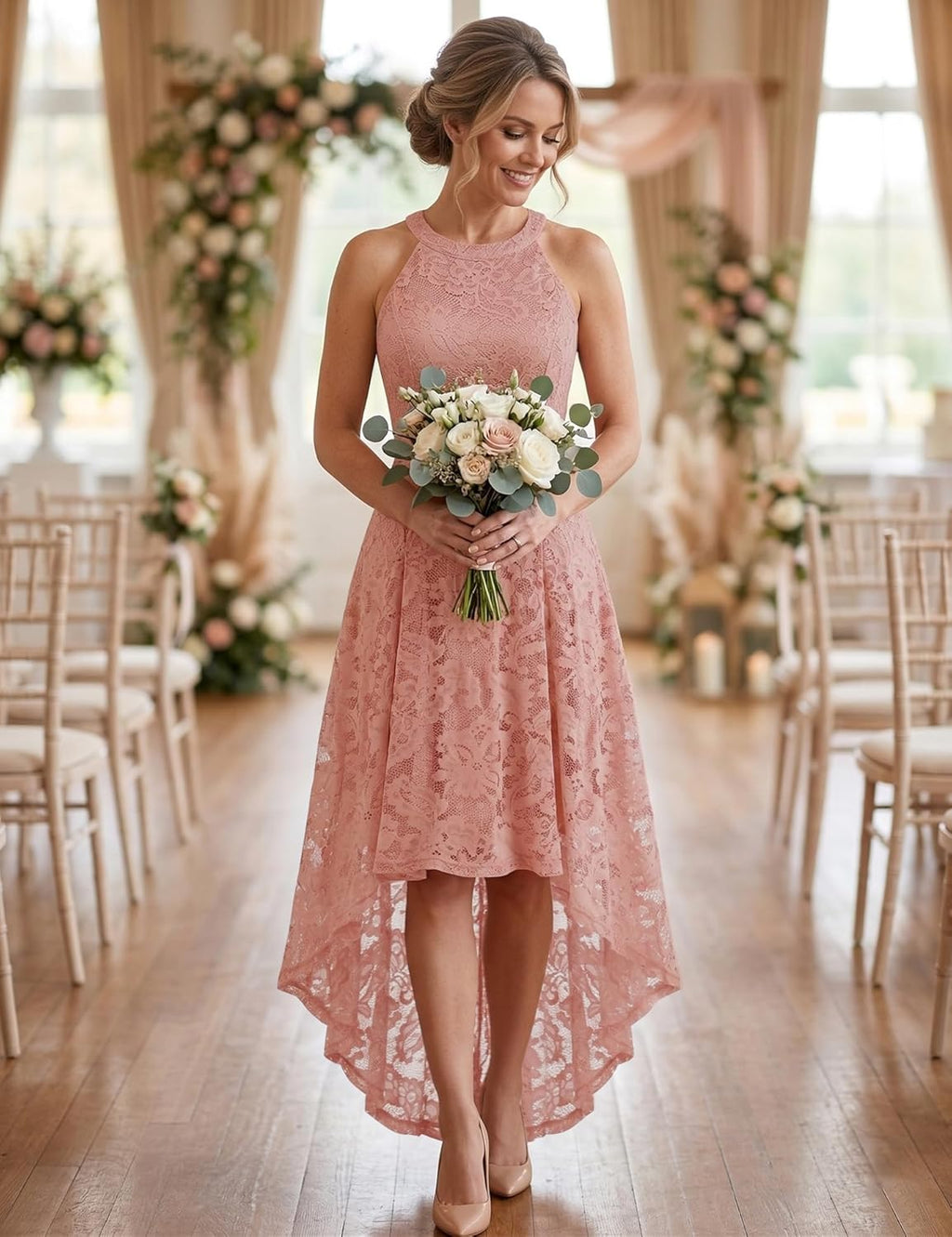 Women Halter Lace Wedding Guest Dress Hi-Lo Cocktail Party Bridesmaid Formal Dresses