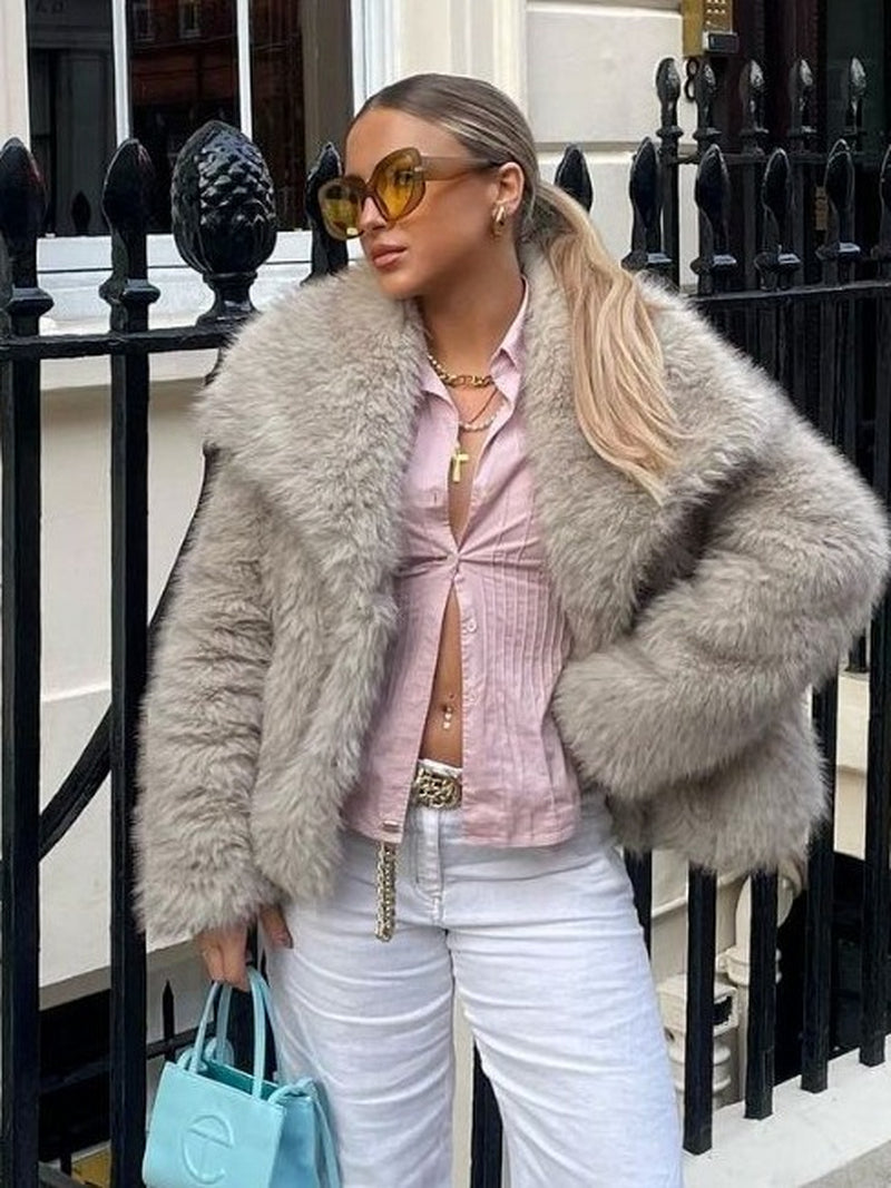 Winter Plush Coat - Fashionable Warm Thick Fluffy Lapel Jacket for Women, Casual Long Sleeve Outerwear