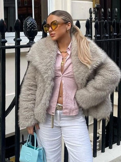 Winter Plush Coat - Fashionable Warm Thick Fluffy Lapel Jacket for Women, Casual Long Sleeve Outerwear