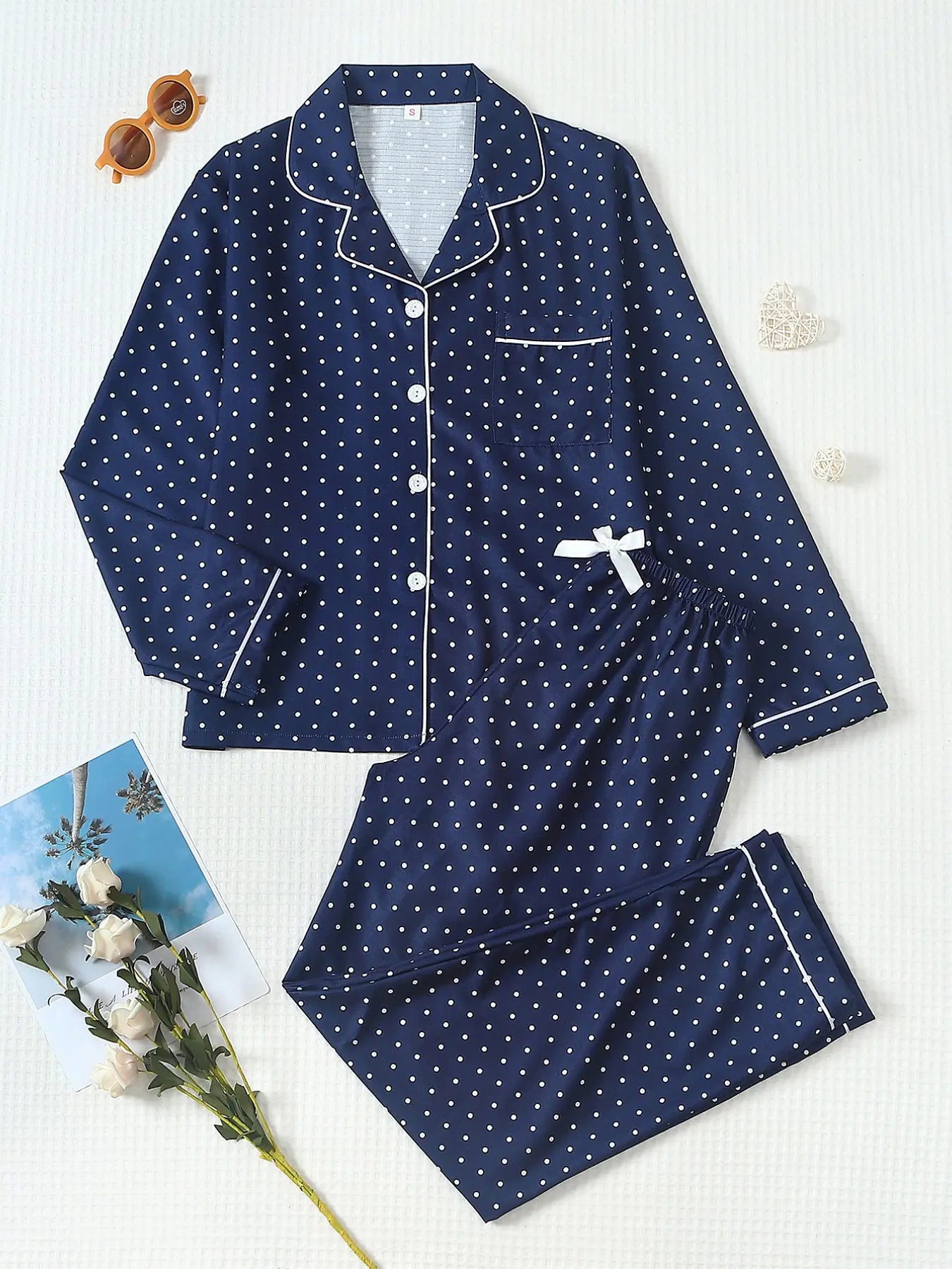 Women'S Striped Bow Print Long Sleeve Woven Pajama Set, Sweet Cute Button Front Top and Pants, Casual Home Wear for All Seasons