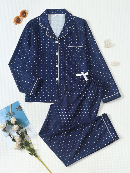 Women'S Striped Bow Print Long Sleeve Woven Pajama Set, Sweet Cute Button Front Top and Pants, Casual Home Wear for All Seasons