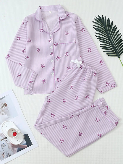 Women'S Striped Bow Print Long Sleeve Woven Pajama Set, Sweet Cute Button Front Top and Pants, Casual Home Wear for All Seasons