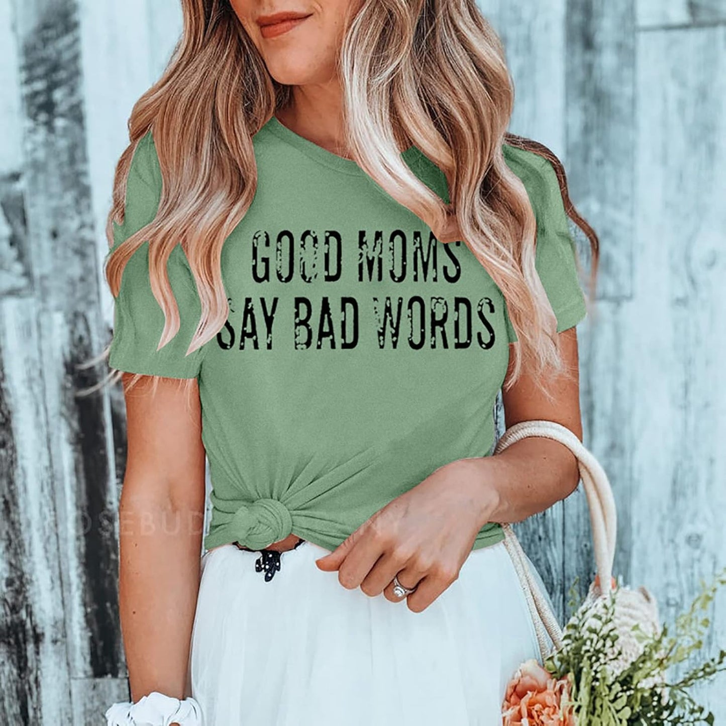 Humorous Graphic Tee for Moms: "Good Moms Say Bad Words" Short Sleeve Casual Shirt