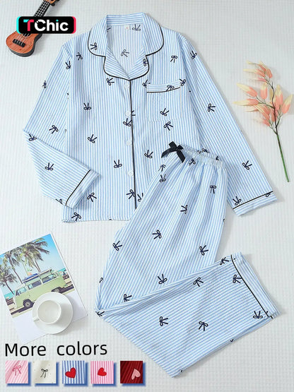 Women'S Striped Bow Print Long Sleeve Woven Pajama Set, Sweet Cute Button Front Top and Pants, Casual Home Wear for All Seasons