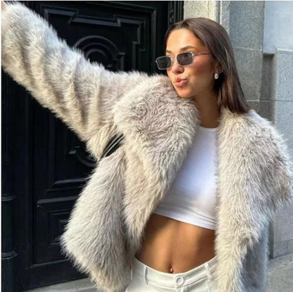 Winter Plush Coat - Fashionable Warm Thick Fluffy Lapel Jacket for Women, Casual Long Sleeve Outerwear