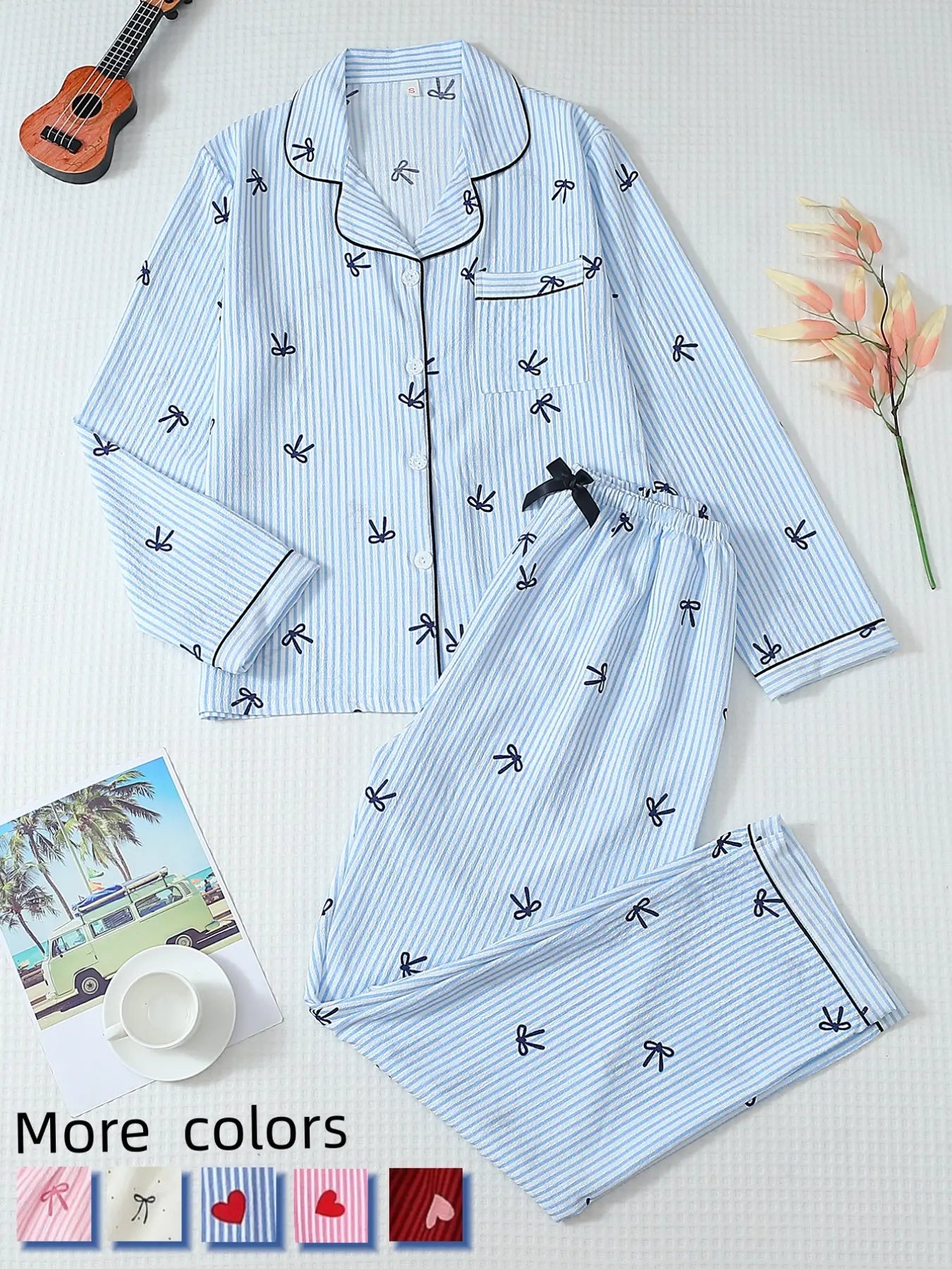 Women'S Striped Bow Print Long Sleeve Woven Pajama Set, Sweet Cute Button Front Top and Pants, Casual Home Wear for All Seasons