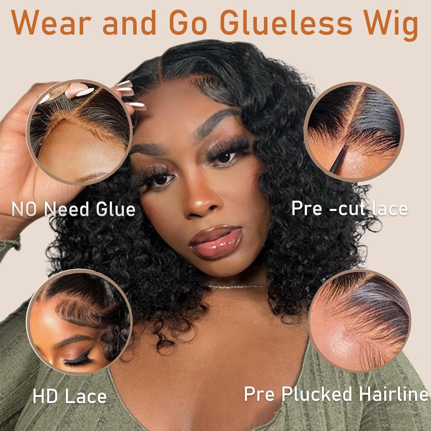Glueless Water Wave Curly Bob Wig - Pre-Plucked 14-Inch Human Hair Lace Front for Black Women, 180% Density