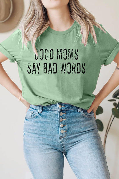 Humorous Graphic Tee for Moms: "Good Moms Say Bad Words" Short Sleeve Casual Shirt