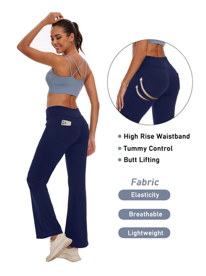 Women's High-Waist Flare Yoga Pants with Pockets - Lightweight Bootcut Activewear in Navy Blue, Size XL