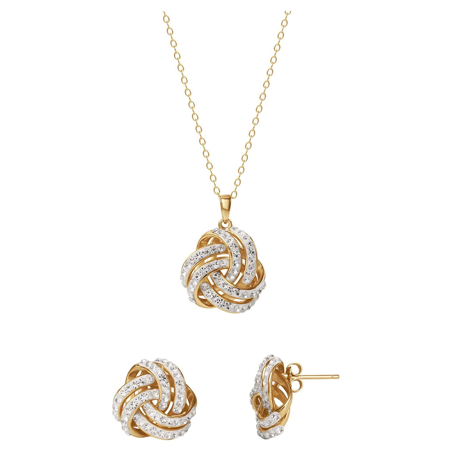 Exquisite 18K Gold Love Knot Crystal Pendant and Earring Set for Timeless Elegance