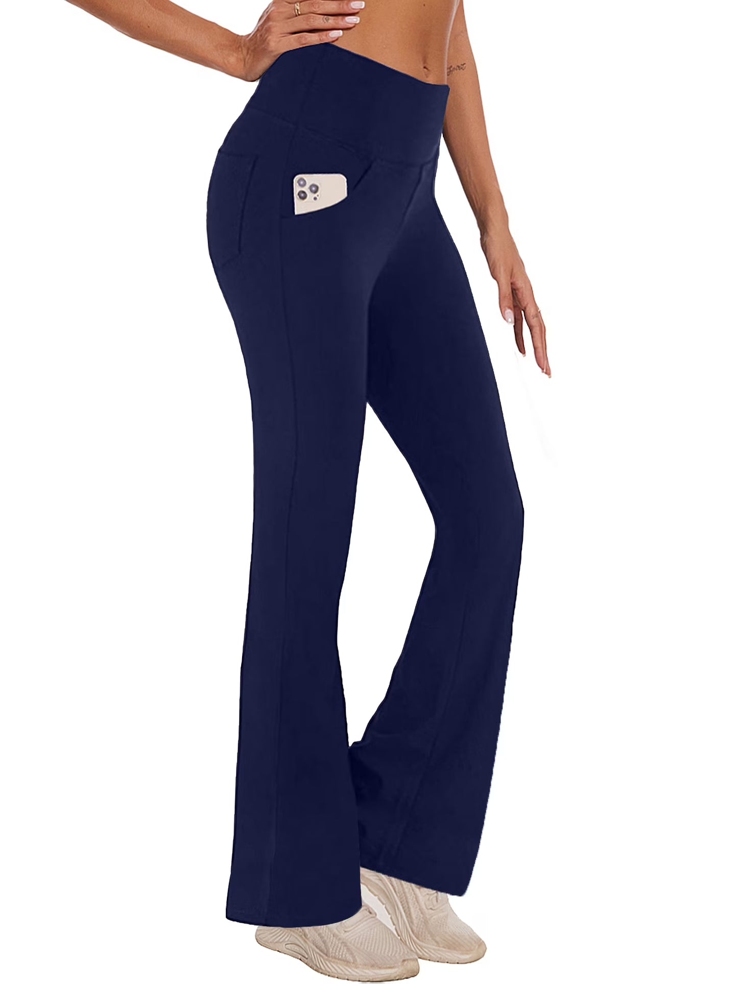 Women's High-Waist Flare Yoga Pants with Pockets - Lightweight Bootcut Activewear in Navy Blue, Size XL