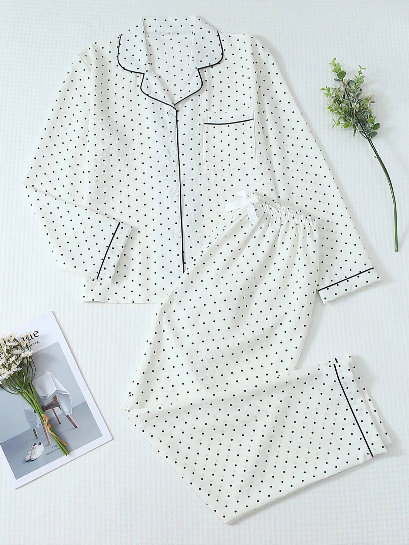Women'S Striped Bow Print Long Sleeve Woven Pajama Set, Sweet Cute Button Front Top and Pants, Casual Home Wear for All Seasons
