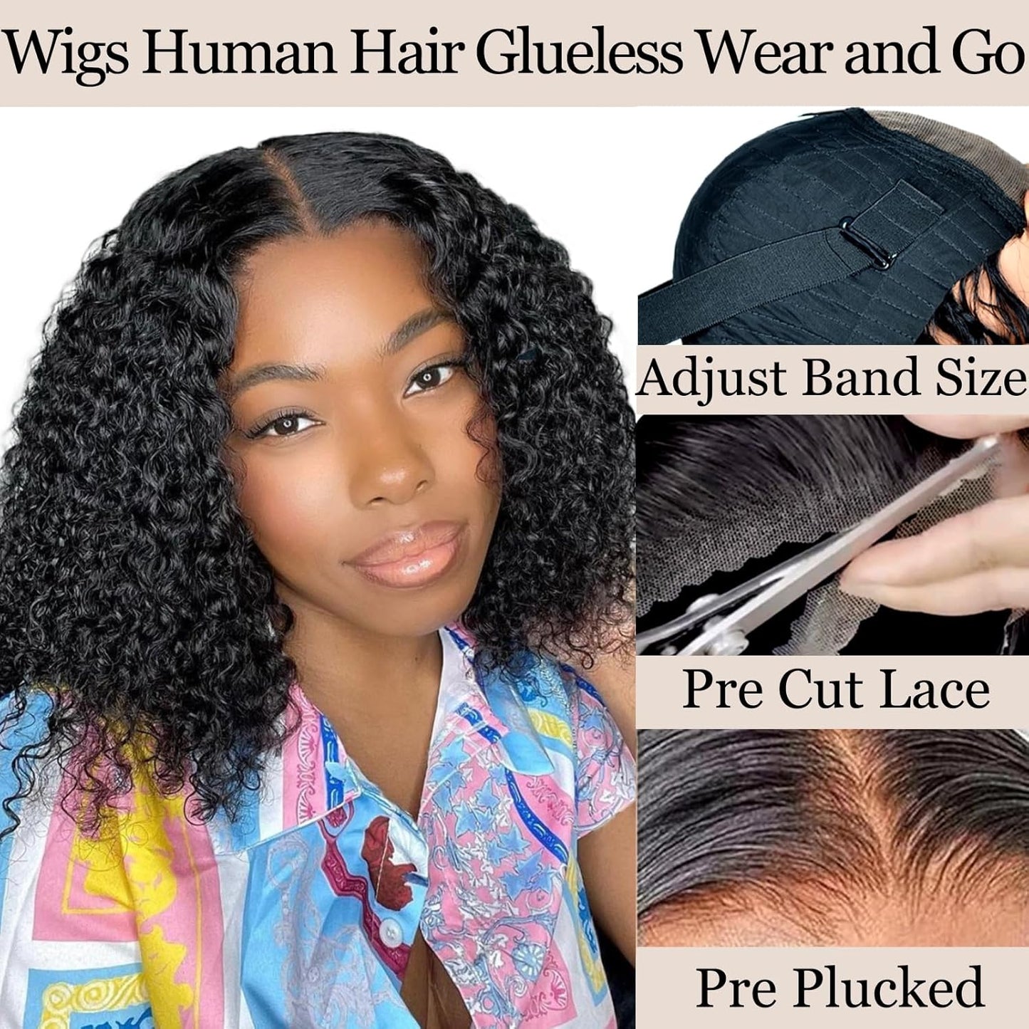 Glueless Water Wave Curly Bob Wig - Pre-Plucked 14-Inch Human Hair Lace Front for Black Women, 180% Density
