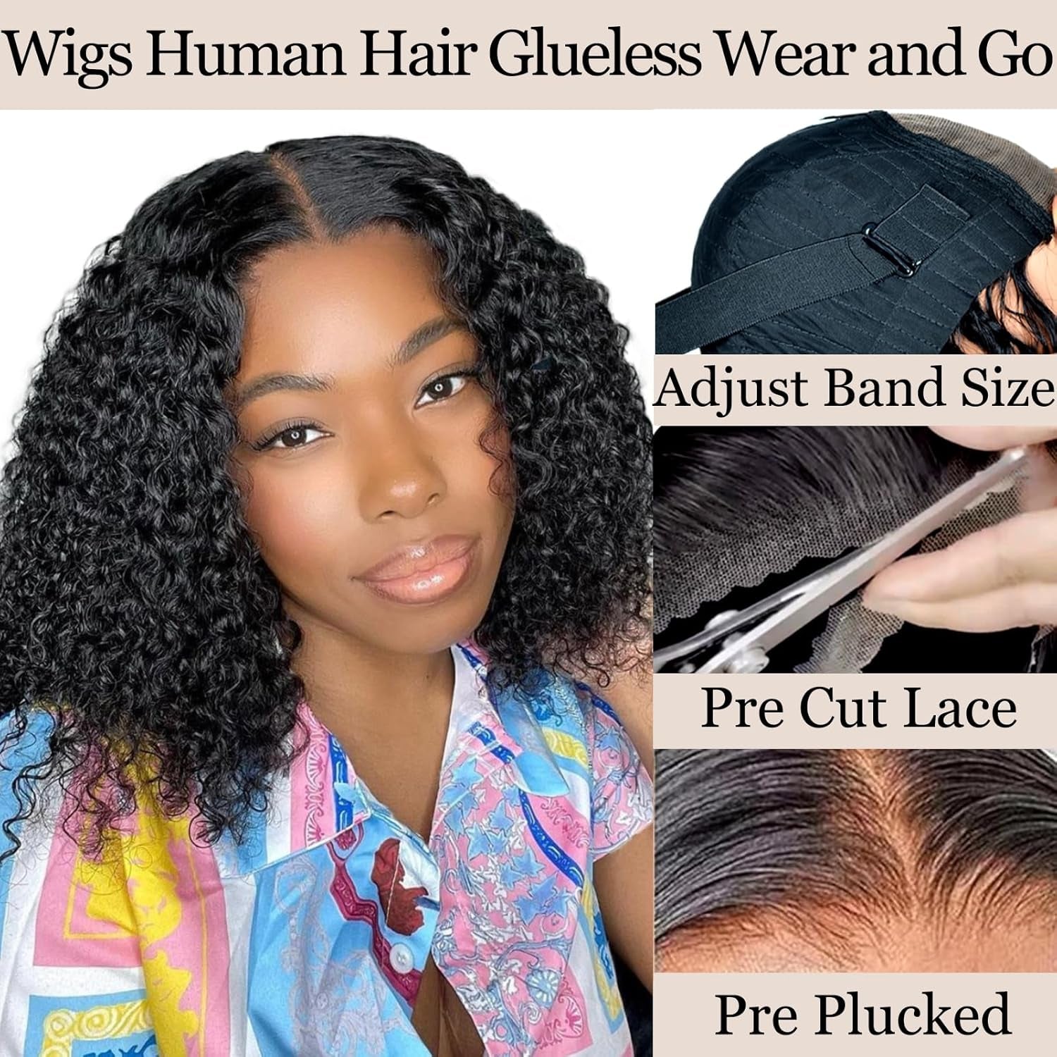 Glueless Water Wave Curly Bob Wig - Pre-Plucked 14-Inch Human Hair Lace Front for Black Women, 180% Density