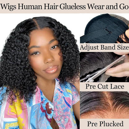 Glueless Water Wave Curly Bob Wig - Pre-Plucked 14-Inch Human Hair Lace Front for Black Women, 180% Density