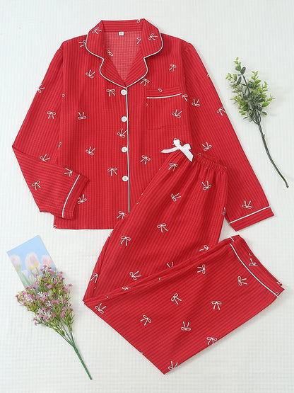 Women'S Striped Bow Print Long Sleeve Woven Pajama Set, Sweet Cute Button Front Top and Pants, Casual Home Wear for All Seasons