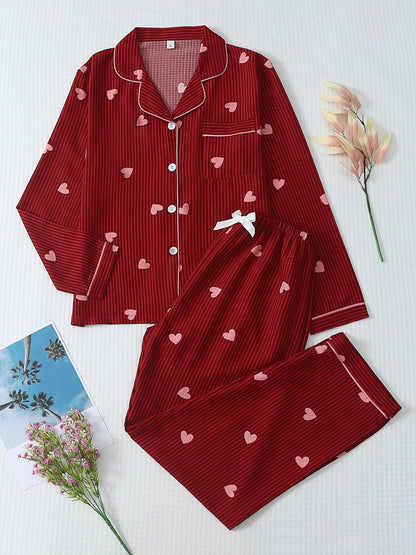 Women'S Striped Bow Print Long Sleeve Woven Pajama Set, Sweet Cute Button Front Top and Pants, Casual Home Wear for All Seasons