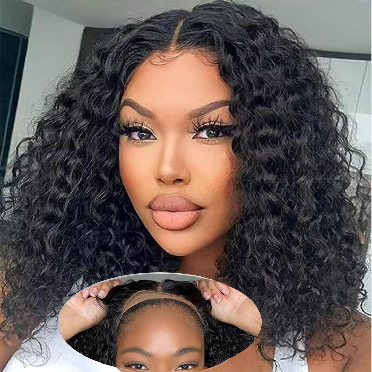Glueless Water Wave Curly Bob Wig - Pre-Plucked 14-Inch Human Hair Lace Front for Black Women, 180% Density