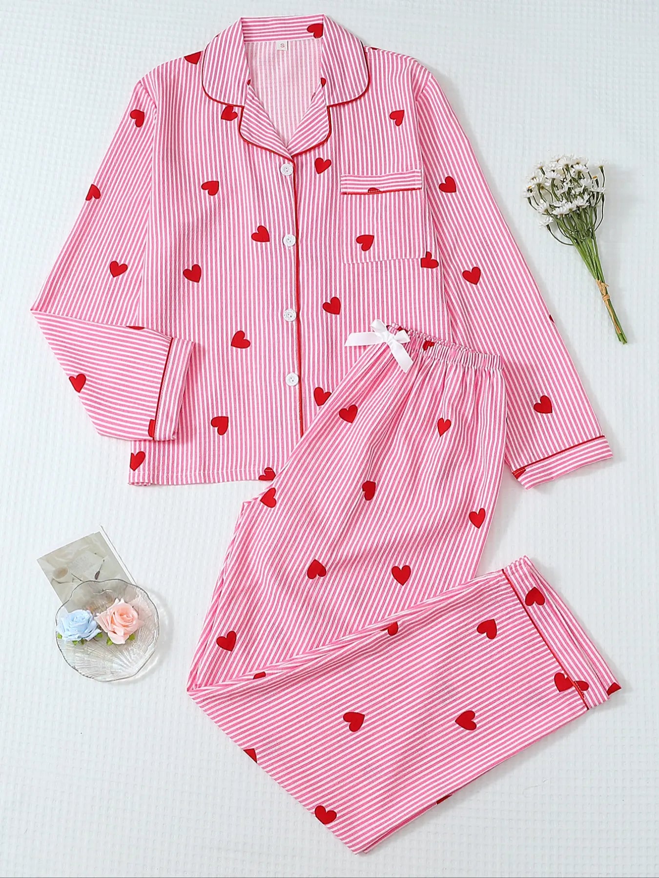 Women'S Striped Bow Print Long Sleeve Woven Pajama Set, Sweet Cute Button Front Top and Pants, Casual Home Wear for All Seasons