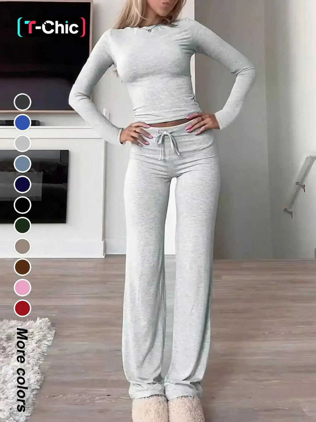 Women'S Solid-Color Long-Sleeve Soft Thick Knit Fabric Crop Tee & High-Waisted Drawstring Pants Two-Piece Set, Casual Slim-Fit Everyday Outfit for Fall and Winter, Womenswear