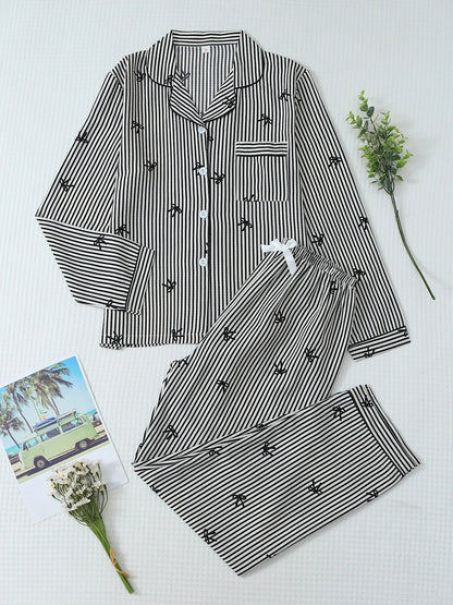 Women'S Striped Bow Print Long Sleeve Woven Pajama Set, Sweet Cute Button Front Top and Pants, Casual Home Wear for All Seasons