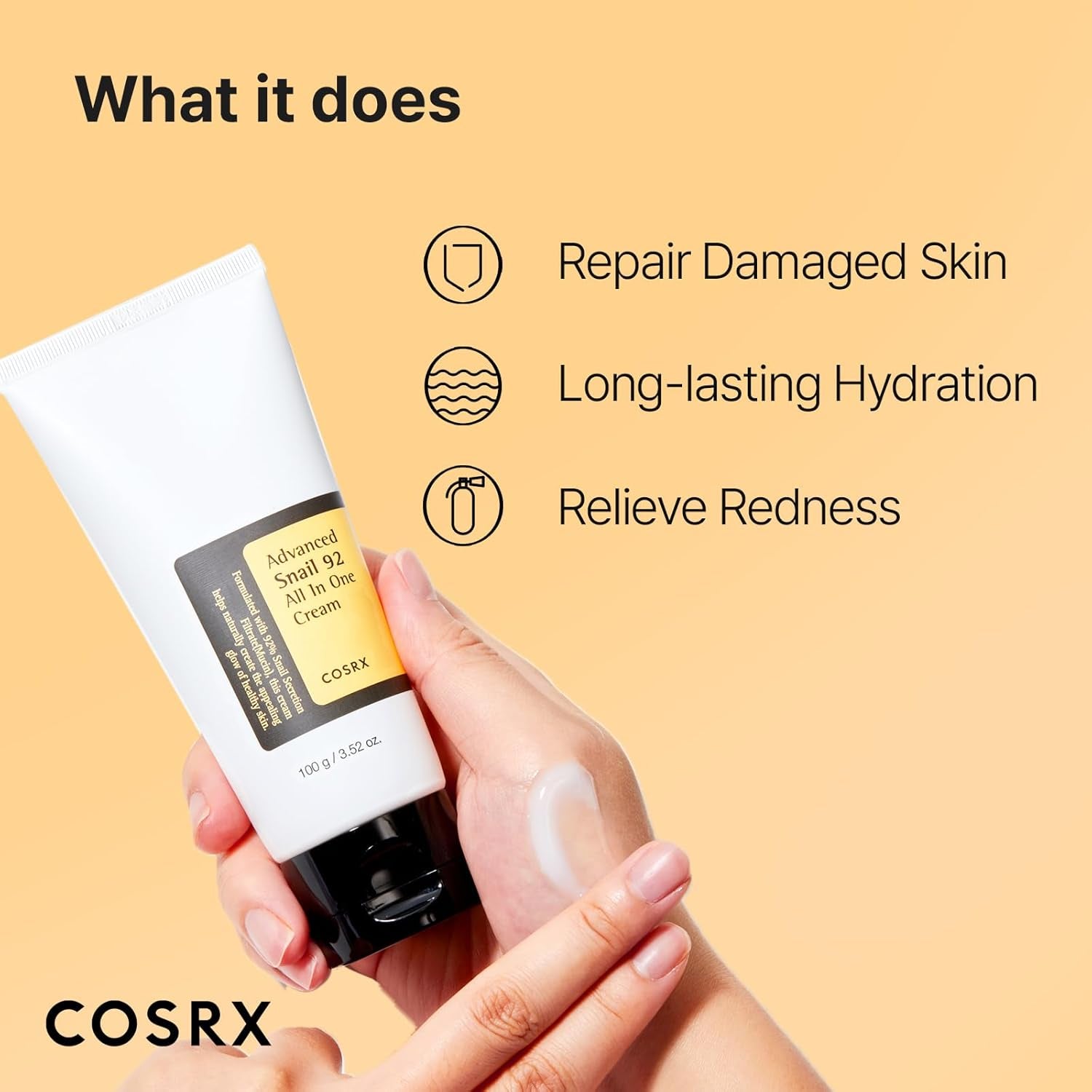 Snail Mucin 92% Moisturizer, Daily Repair Face Gel Cream Tube Type for Dry, Sensitive Skin, Not Tested on Animals, No Parabens, No Sulfates, No Phthalates, Korean Skincare (3.52Fl Oz / 100G)