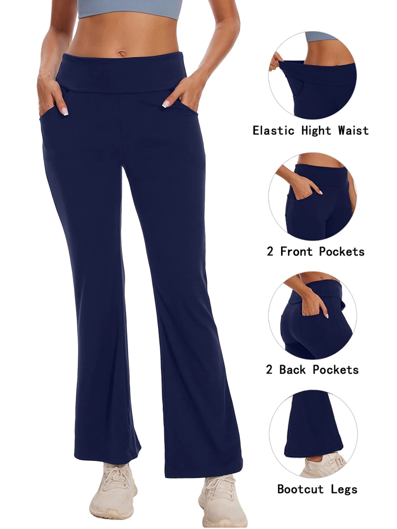 Women's High-Waist Flare Yoga Pants with Pockets - Lightweight Bootcut Activewear in Navy Blue, Size XL