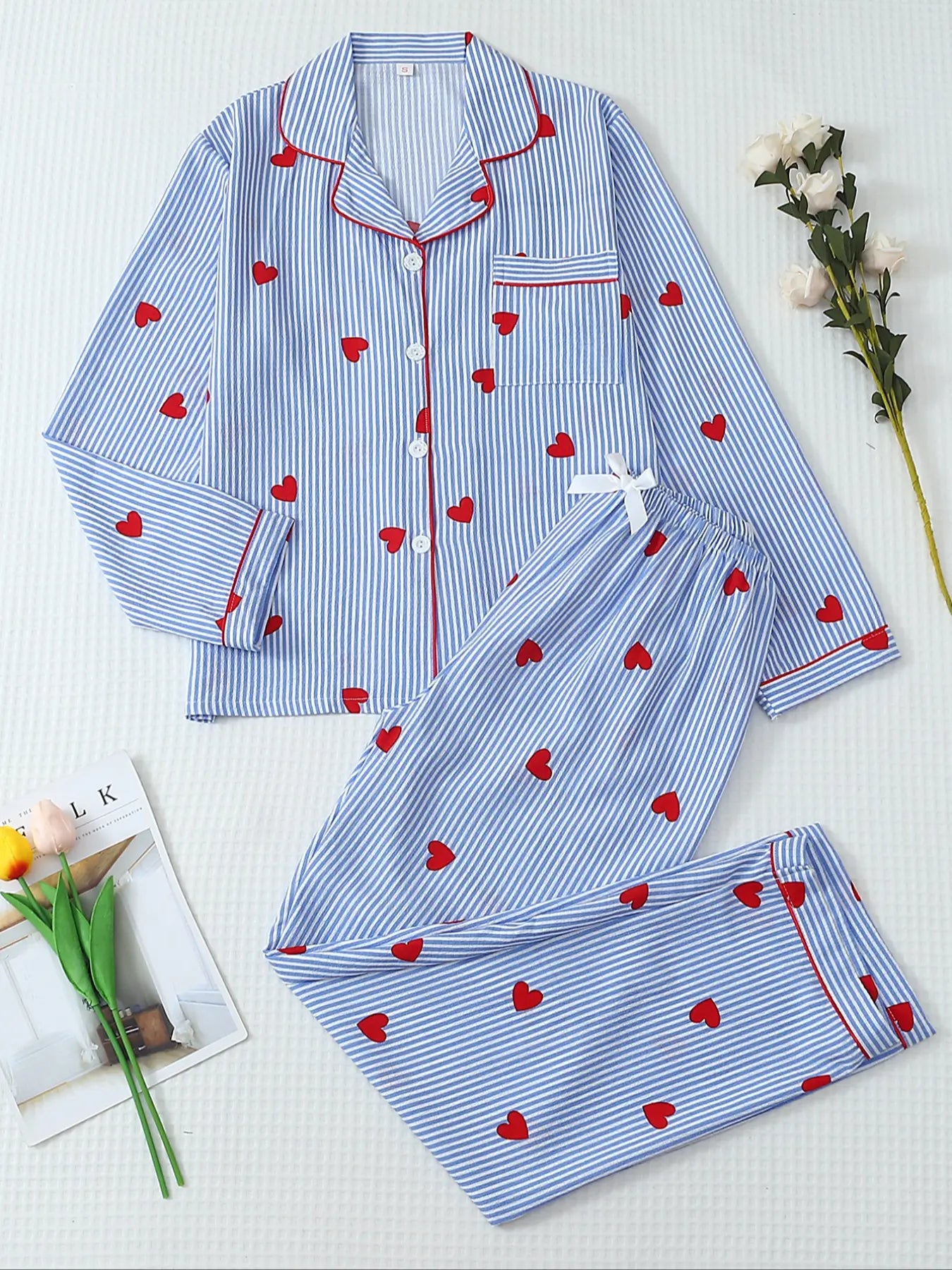 Women'S Striped Bow Print Long Sleeve Woven Pajama Set, Sweet Cute Button Front Top and Pants, Casual Home Wear for All Seasons