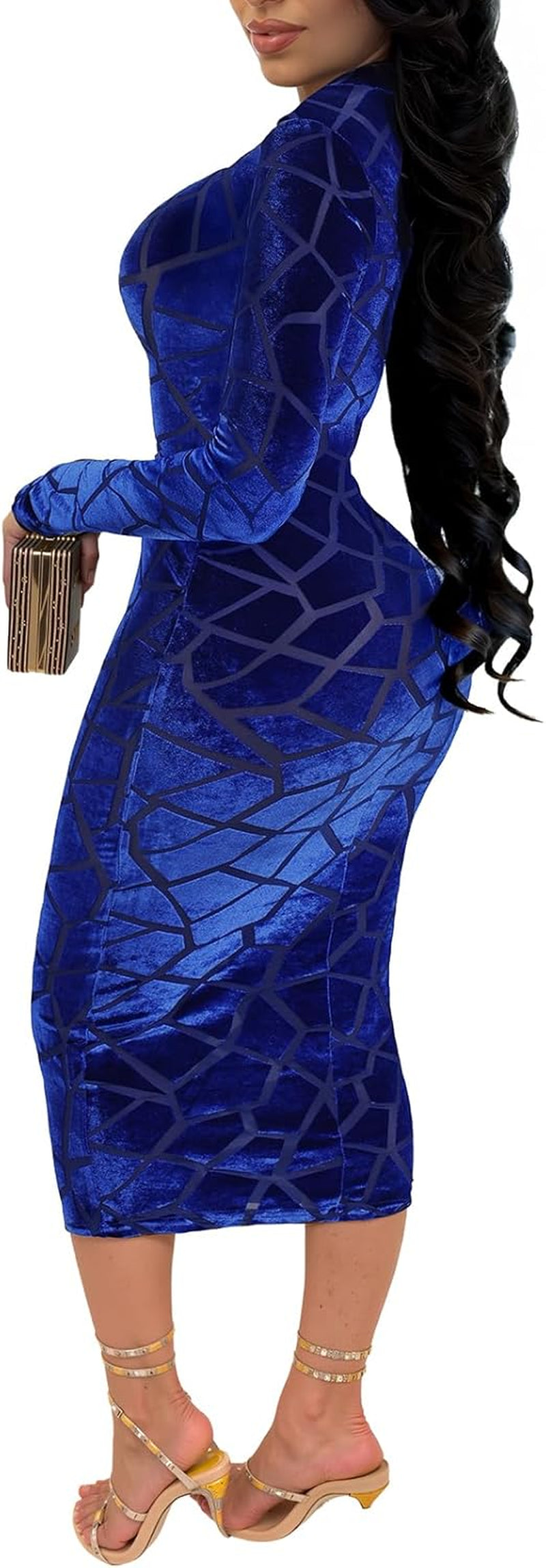 Women's Sheer Mesh Bodycon Midi Dress with Long Sleeves - Elegant Printed Clubwear for Parties