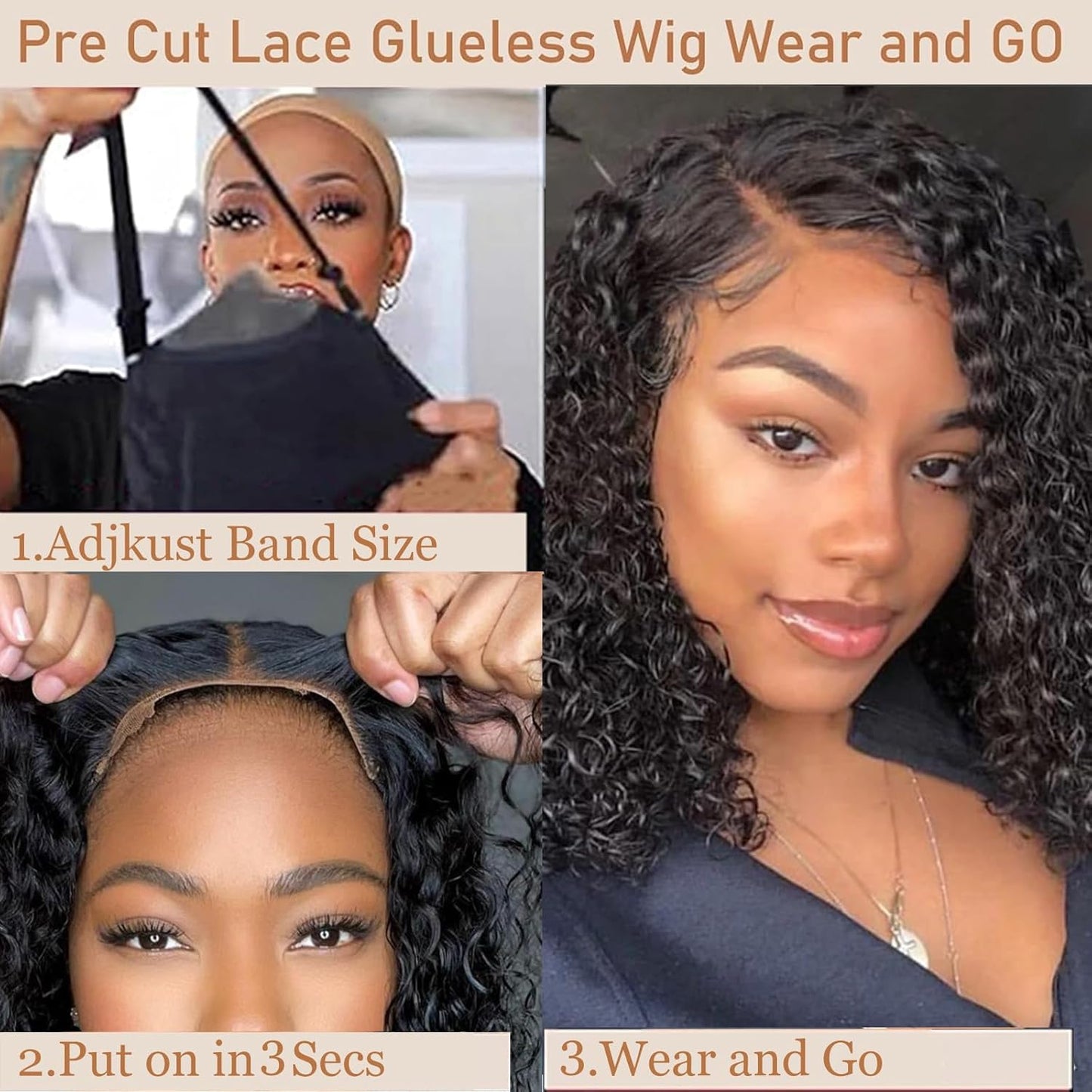 Glueless Water Wave Curly Bob Wig - Pre-Plucked 14-Inch Human Hair Lace Front for Black Women, 180% Density